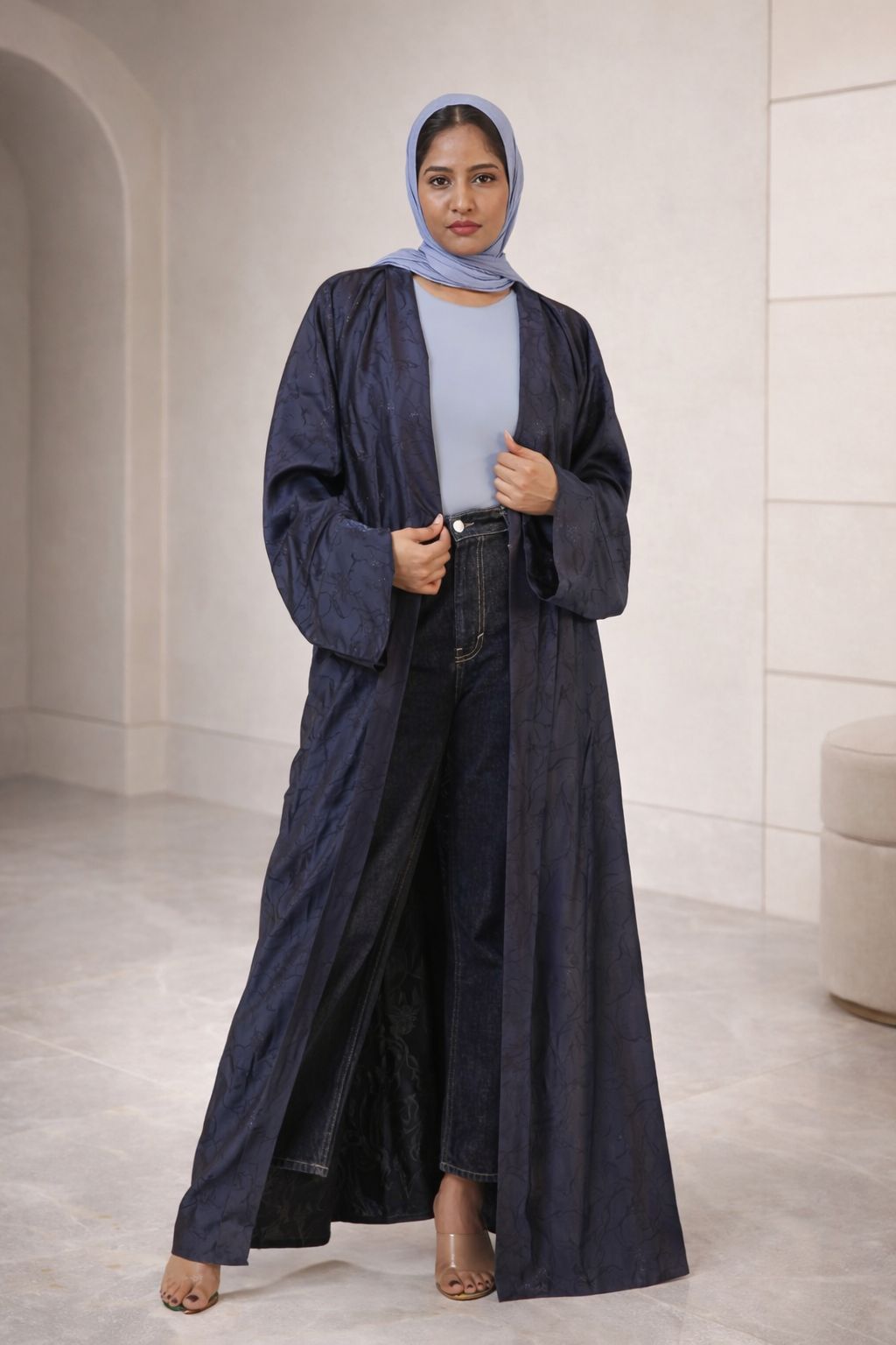 Lightweight jacquard shrug abaya with open front and relaxed flowy silhouette